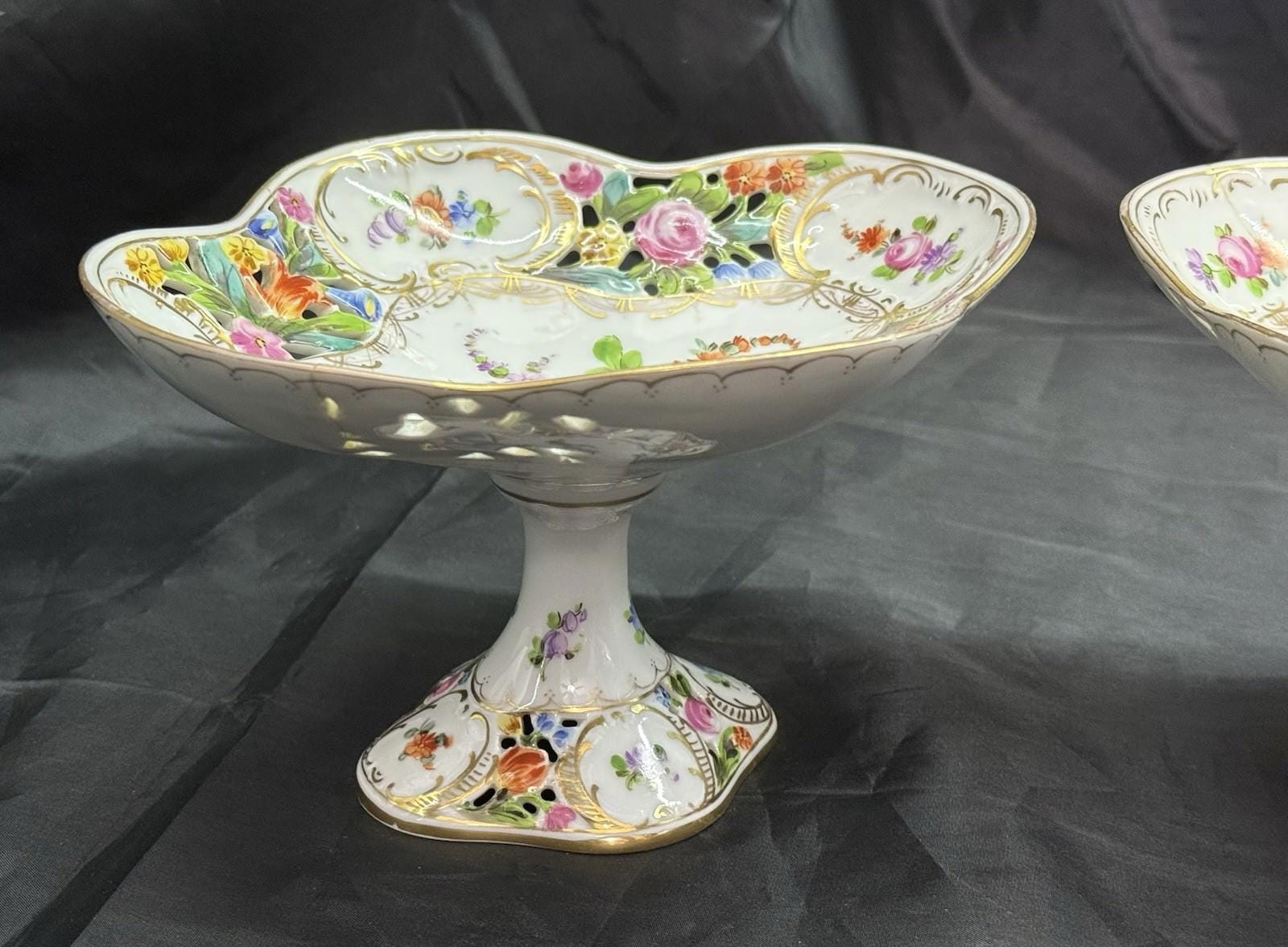Antique Set 2 Carl Thieme Dresden Porcelain Reticulated Compotes Repaired RARE!