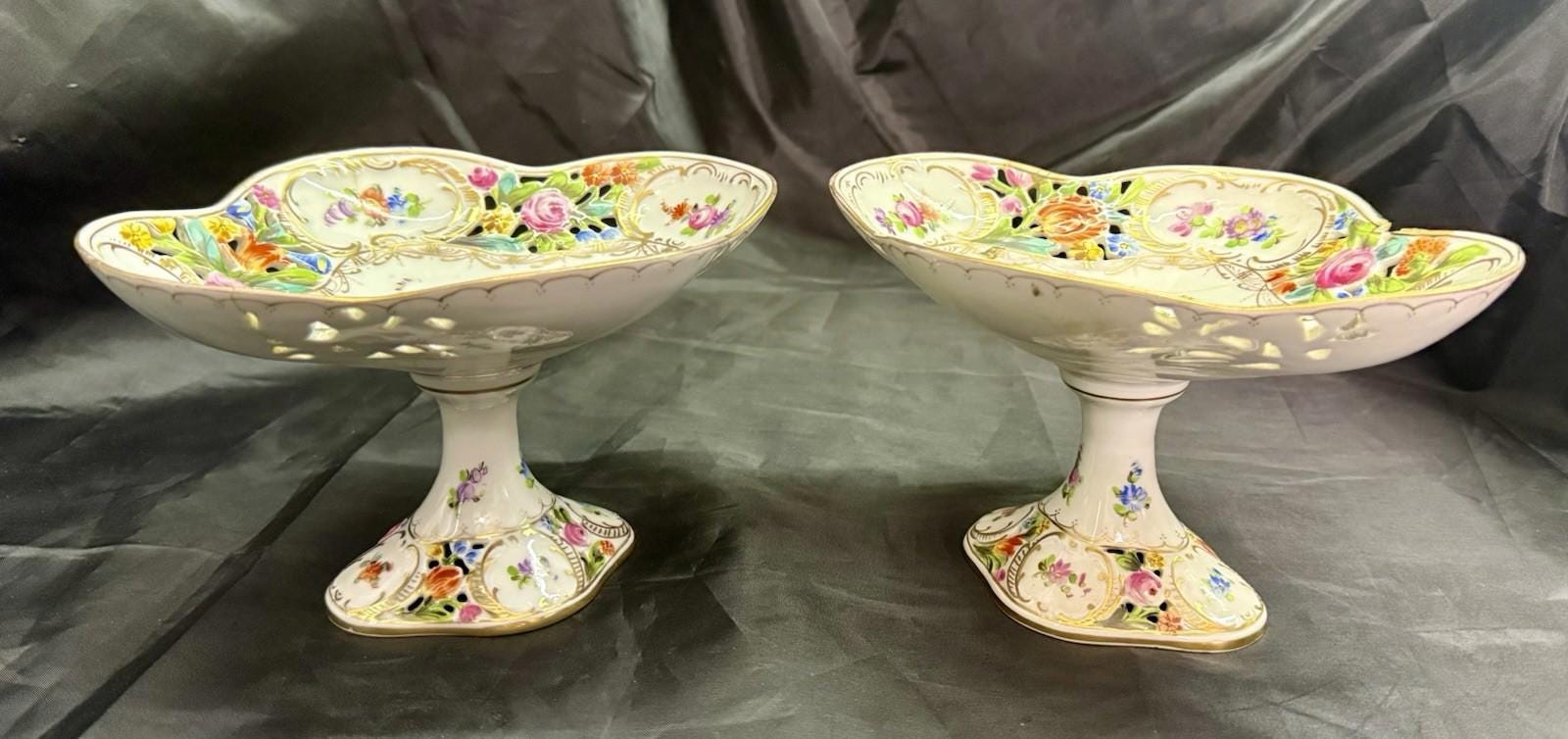 Antique Set 2 Carl Thieme Dresden Porcelain Reticulated Compotes Repaired RARE!