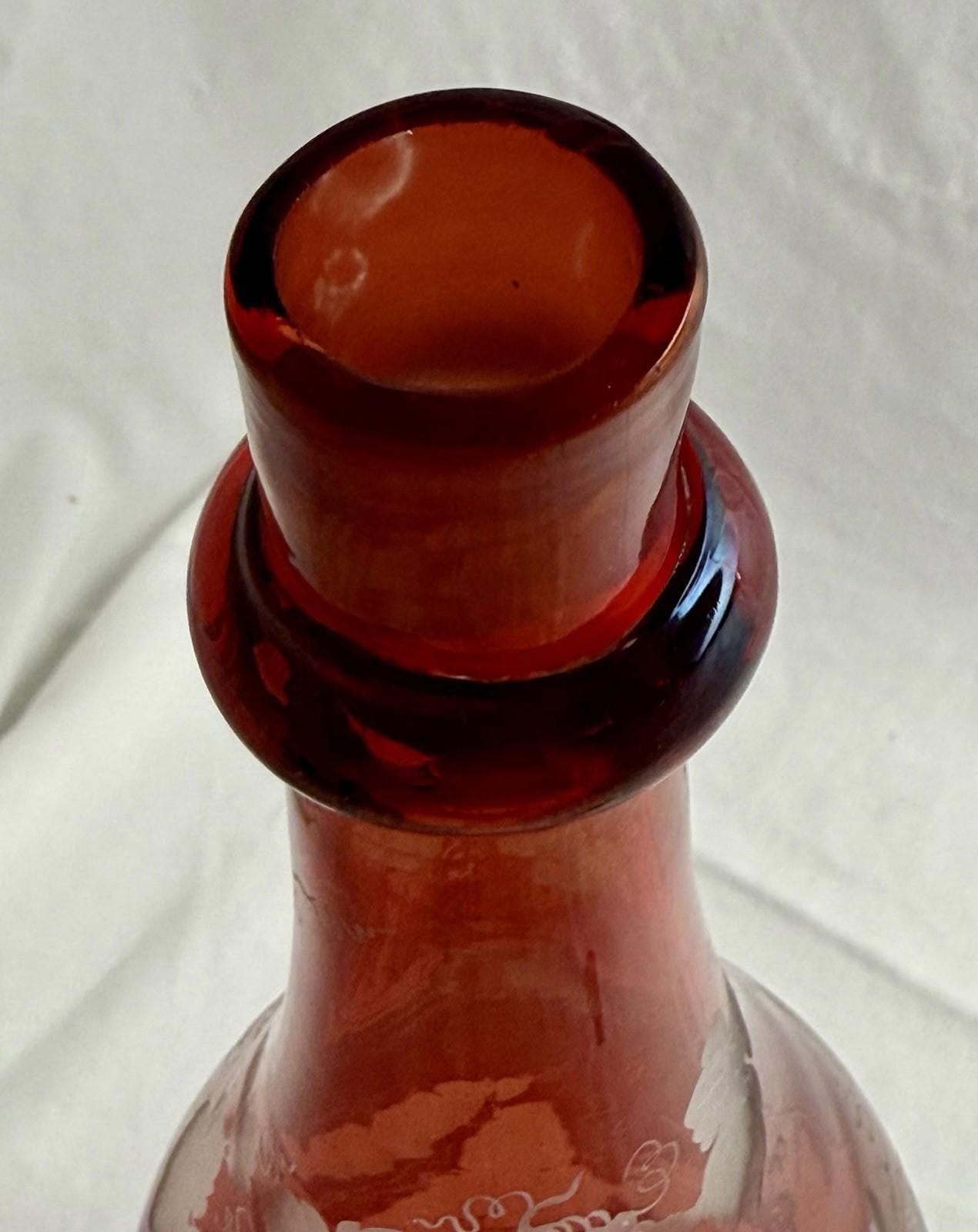 Antique Bohemian Czech Engraved Ruby Blown Glass Decanter & Stopper 19th Century