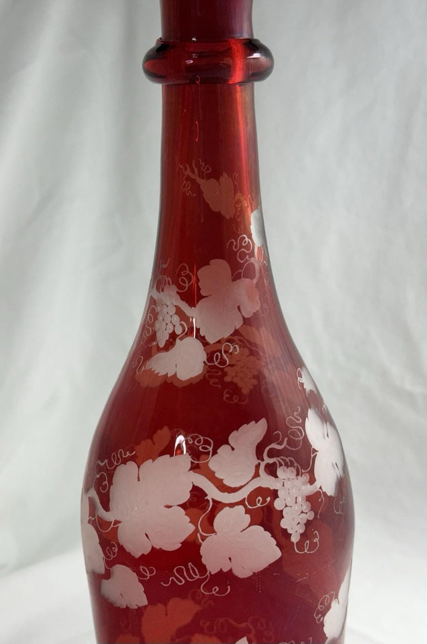 Antique Bohemian Czech Engraved Ruby Blown Glass Decanter & Stopper 19th Century