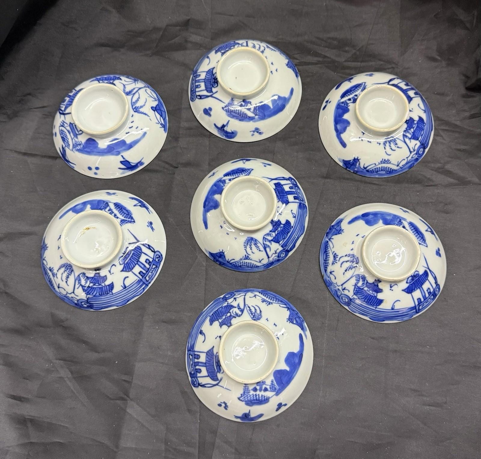 Antique Set 7 Chinese Blue & White Porcelain Sauce Dishes Canton Pattern Footed