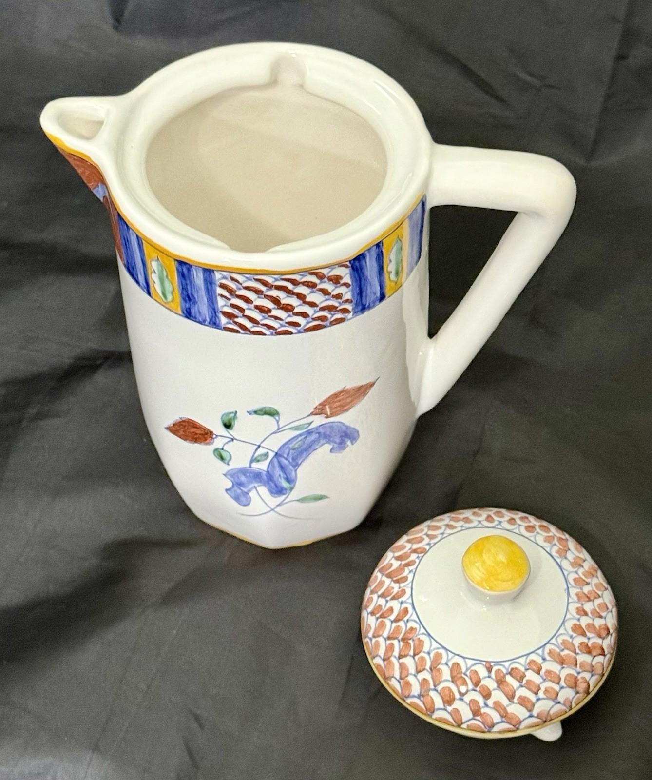 Vintage Ceramic Teapot Pitcher Lis Ceramica Brasil Floral Motif Folk Art Lidded