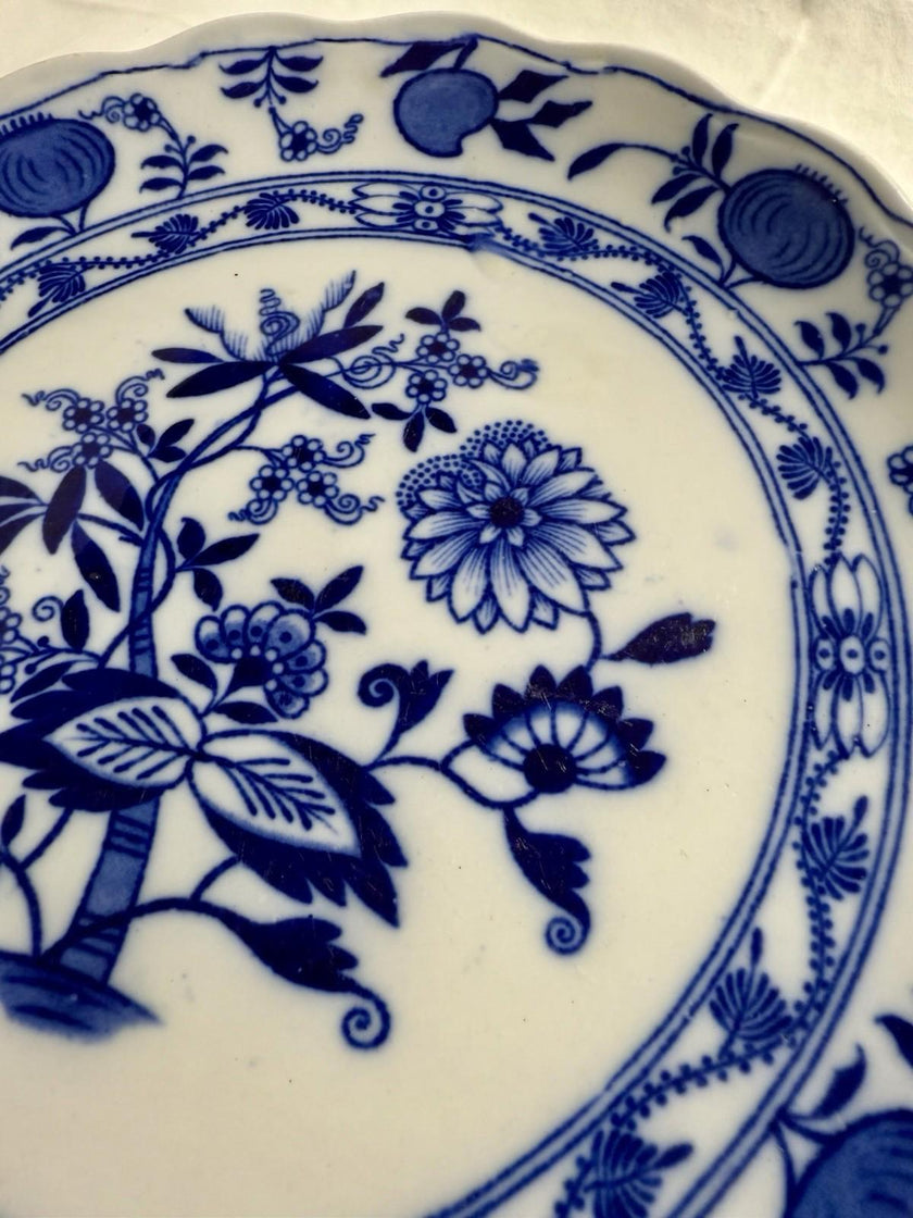 Antique Lewis Straus & Sons Blue Meissen Pedestal Cake Stand Blue Onion Pattern