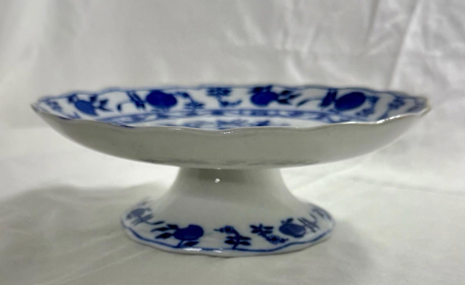 Antique Lewis Straus & Sons Blue Meissen Pedestal Cake Stand Blue Onion Pattern