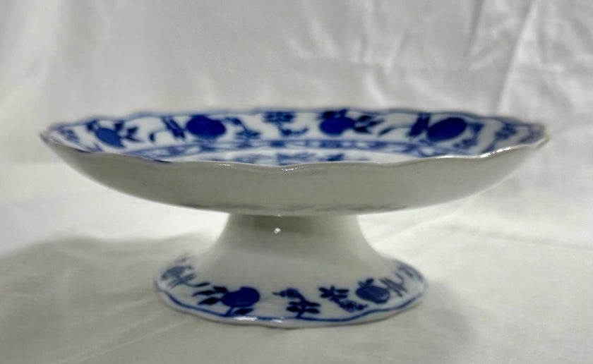 Antique Lewis Straus & Sons Blue Meissen Pedestal Cake Stand Blue Onion Pattern