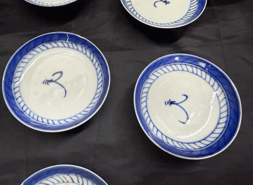 Antique Set 7 Chinese Blue & White Porcelain Sauce Dishes Canton Pattern Footed