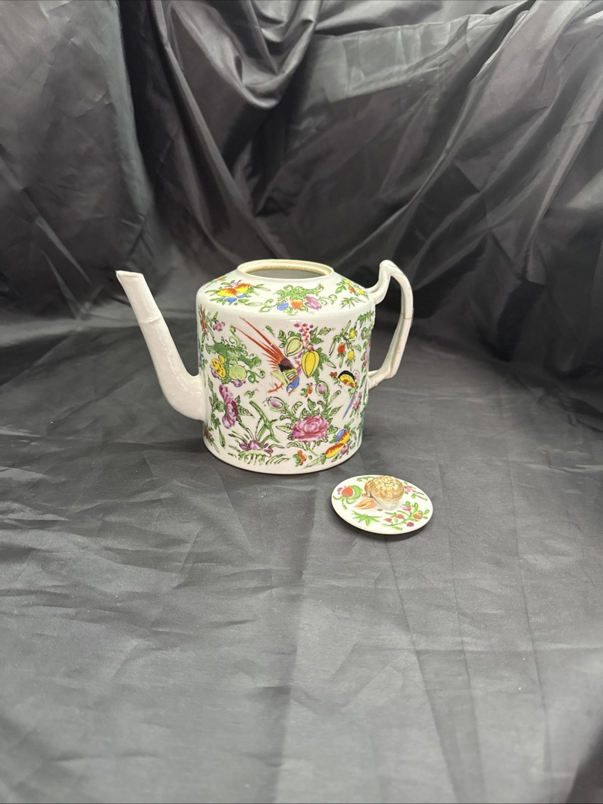Antique Chinese Porcelain Teapot with Lid Cantonese Famile Rose 19th Century