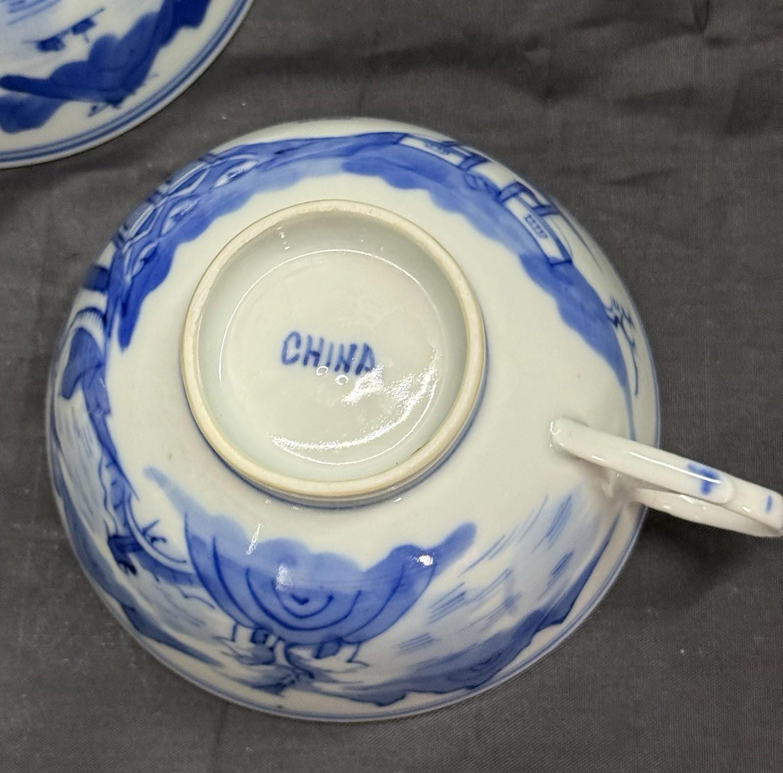 Antique Set 3 Chinese Export Blue & White Canton Pattern Porcelain Tea Cups Rare