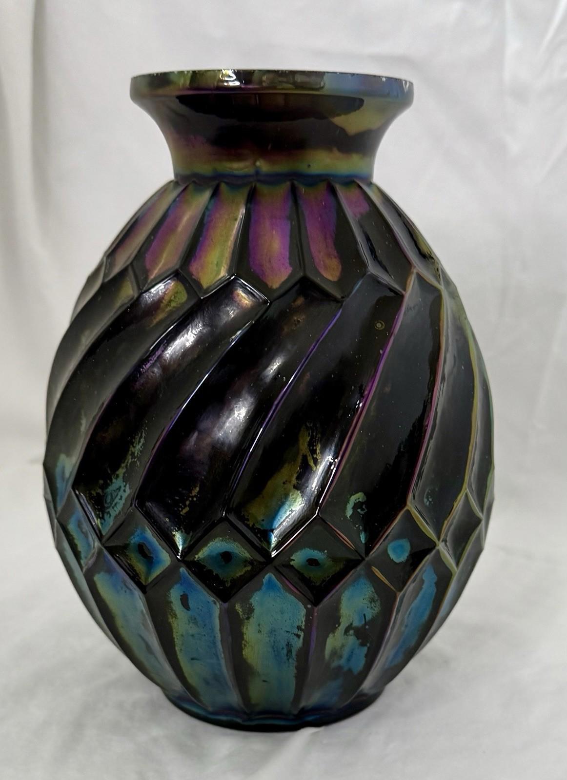 Vintage Black Iridescent Art Deco Avec Rectangles Carnival Glass Rainbow RARE