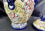 Vintage Majolica Pottery Lotus Flower Temple Ginger Jar 4 Lion Heads w/Lid Large
