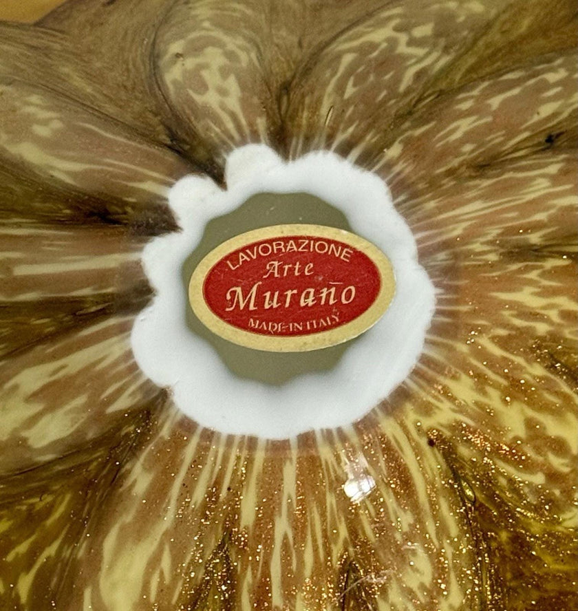 Vintage Murano Princess House Amber Aventurine Abstract Flower Art Glass Bowl