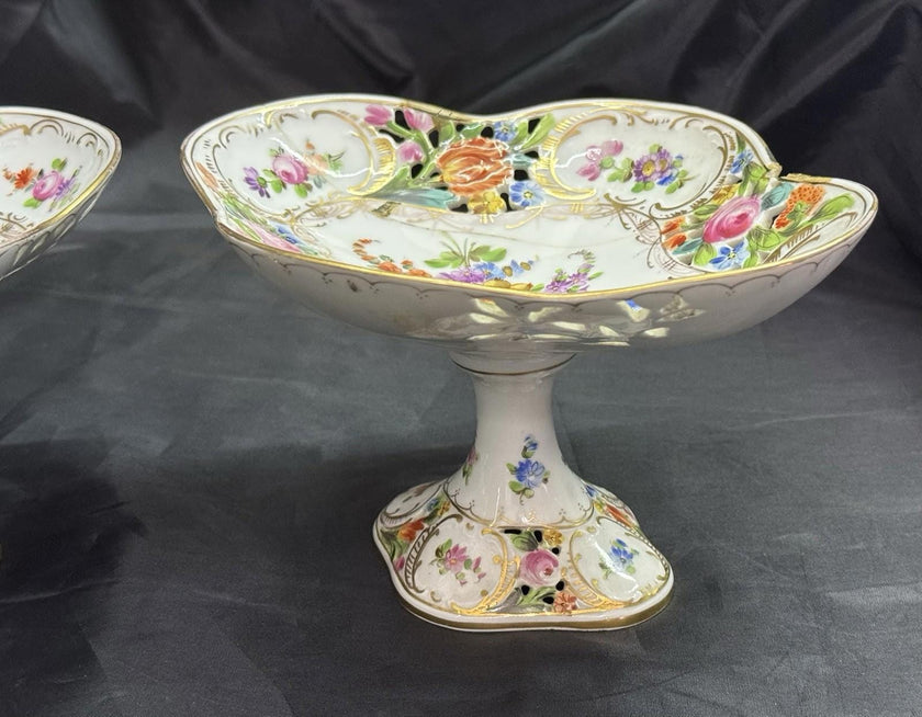 Antique Set 2 Carl Thieme Dresden Porcelain Reticulated Compotes Repaired RARE!