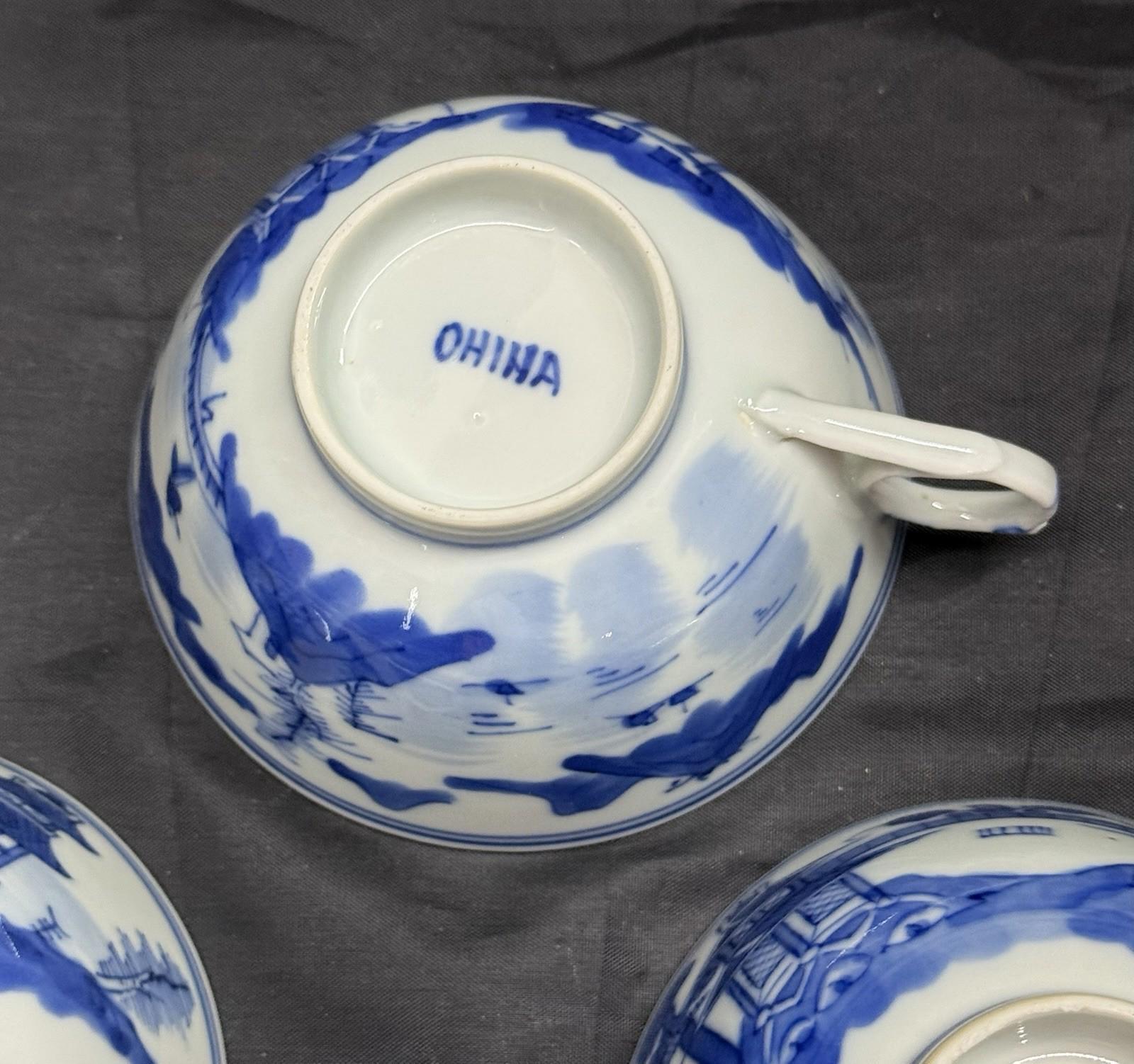 Antique Set 3 Chinese Export Blue & White Canton Pattern Porcelain Tea Cups Rare
