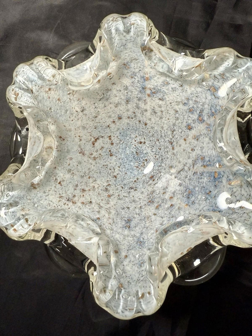 Vintage Murano Aventurine Italian Glass Bowl Fratelli Toso Opalescent White Blue