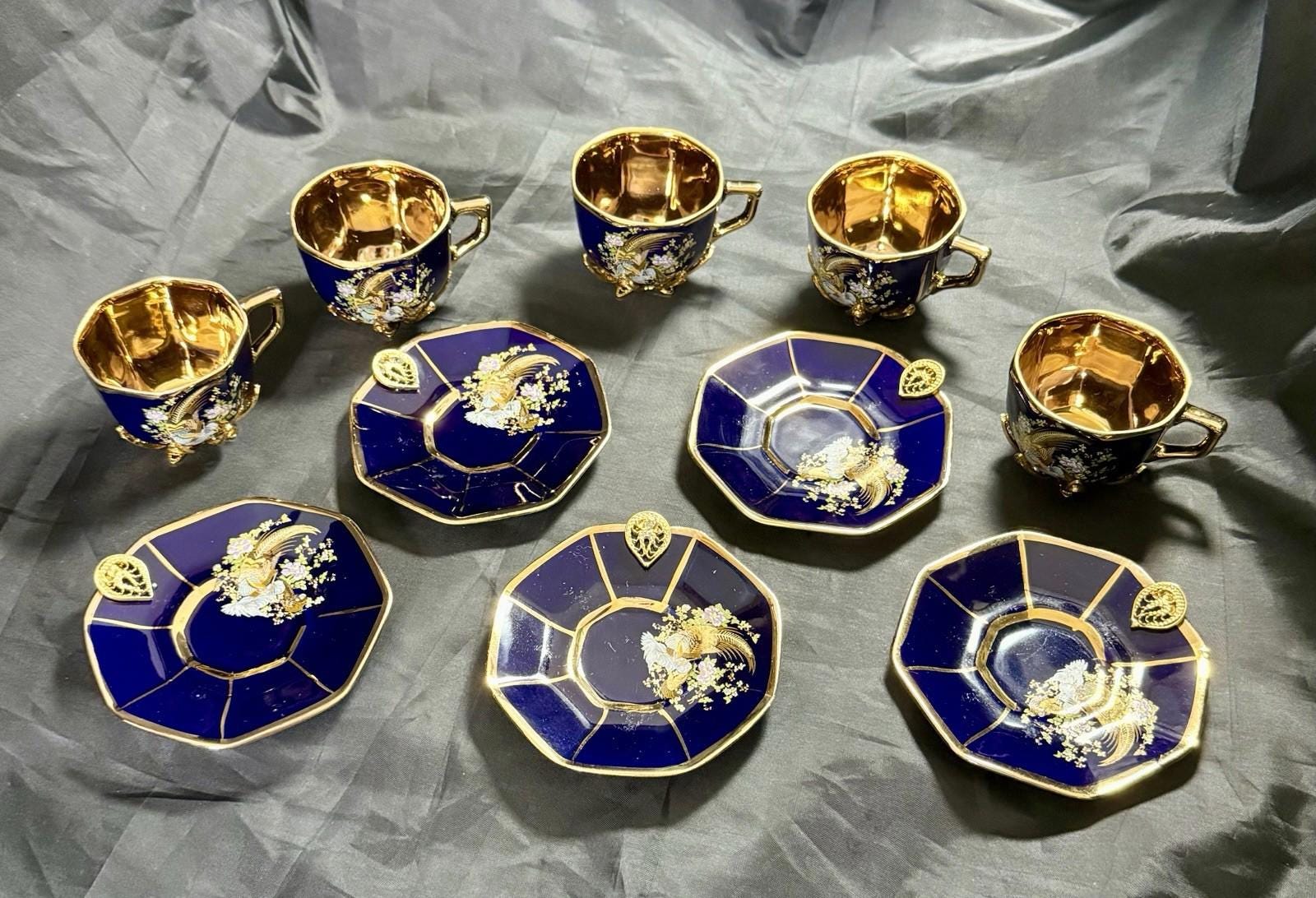 Set of 5 Royal Linoj Seckin Limoges Cobalt Blue 24K Gold Demitasse Cups Saucers