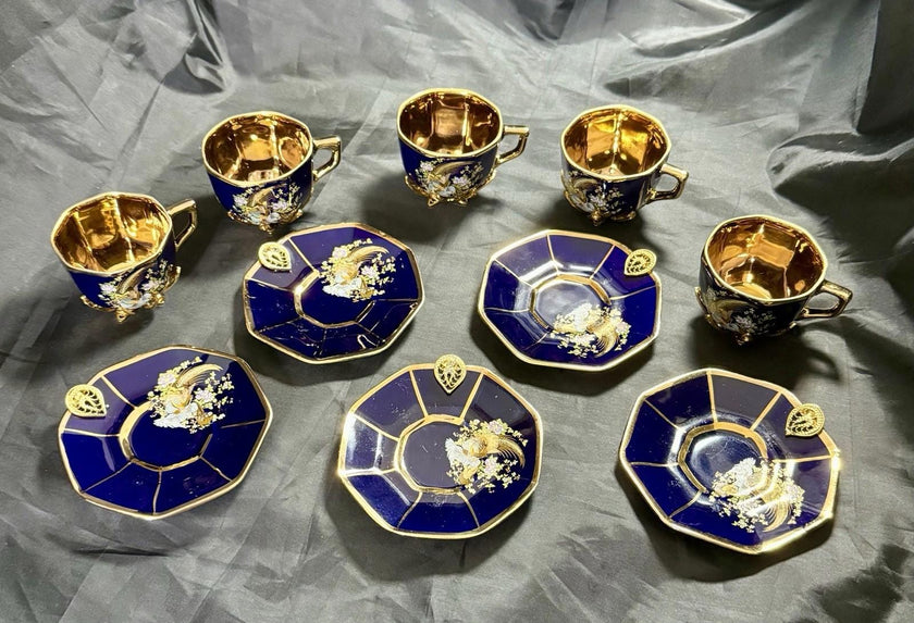 Set of 5 Royal Linoj Seckin Limoges Cobalt Blue 24K Gold Demitasse Cups Saucers