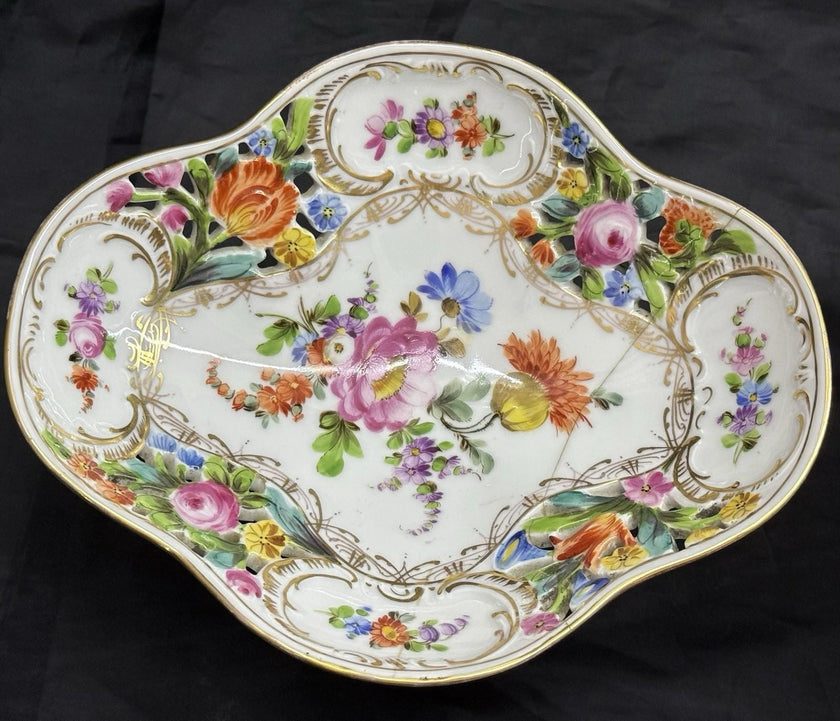 Antique Set 2 Carl Thieme Dresden Porcelain Reticulated Compotes Repaired RARE!