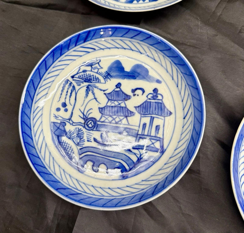 Antique Set Of 6 Chinese Export Canton Blue and White Plates 6” High Rim RARE!