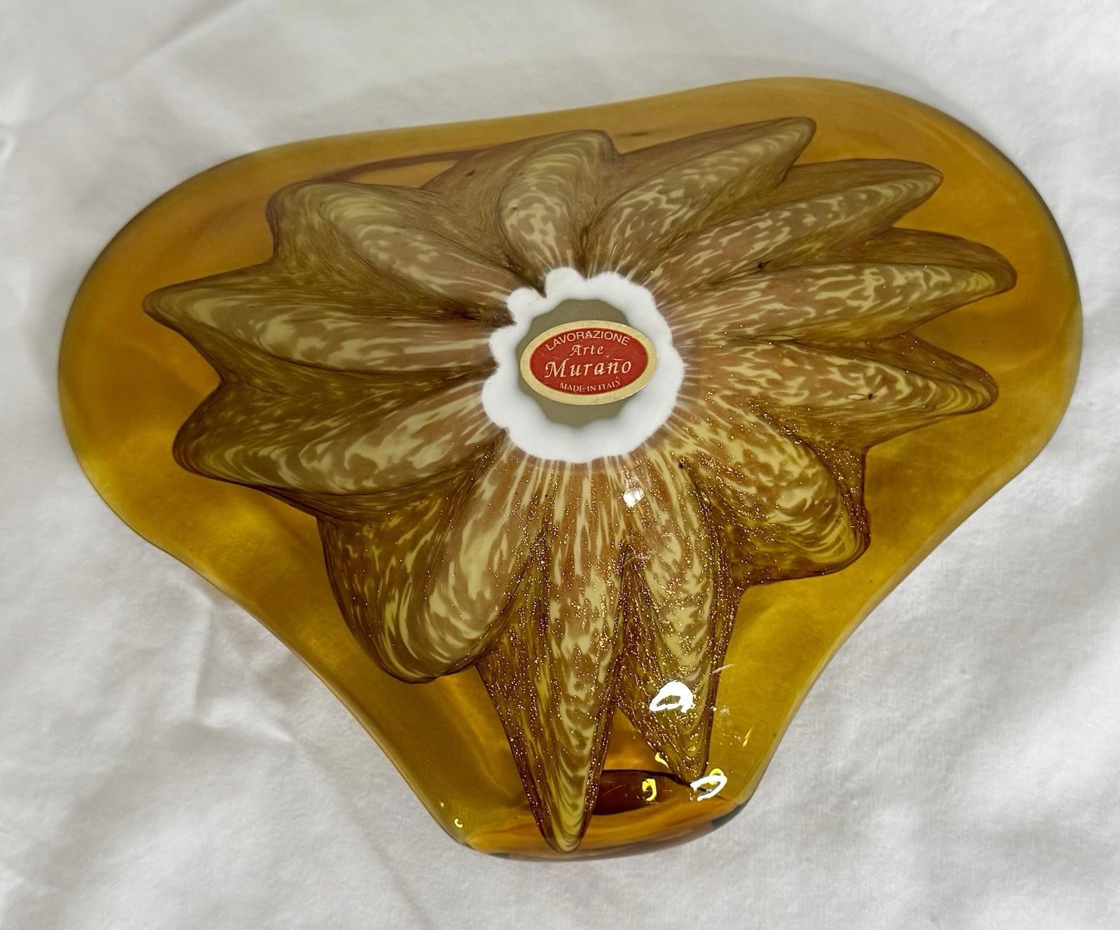 Vintage Murano Princess House Amber Aventurine Abstract Flower Art Glass Bowl