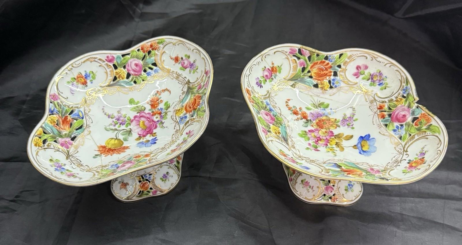 Antique Set 2 Carl Thieme Dresden Porcelain Reticulated Compotes Repaired RARE!