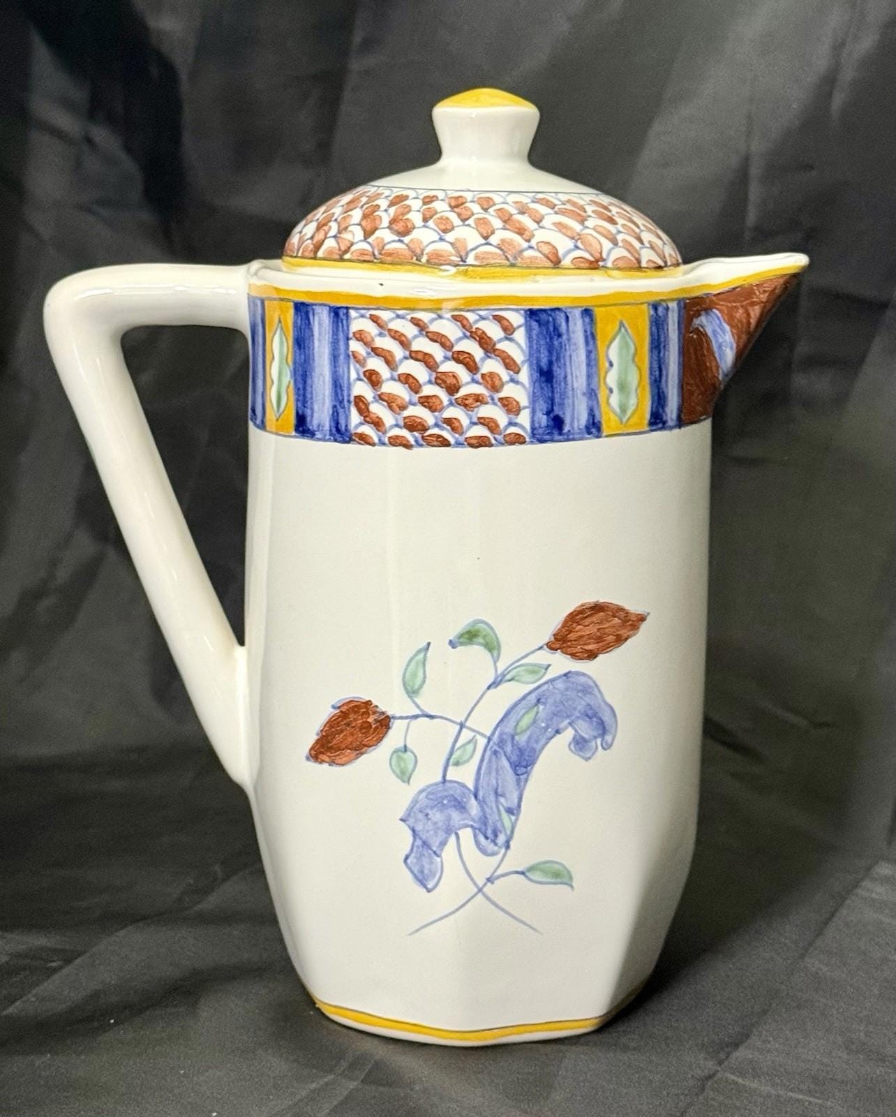 Vintage Ceramic Teapot Pitcher Lis Ceramica Brasil Floral Motif Folk Art Lidded