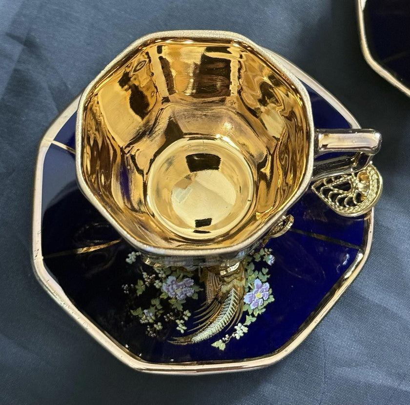 Set of 5 Royal Linoj Seckin Limoges Cobalt Blue 24K Gold Demitasse Cups Saucers