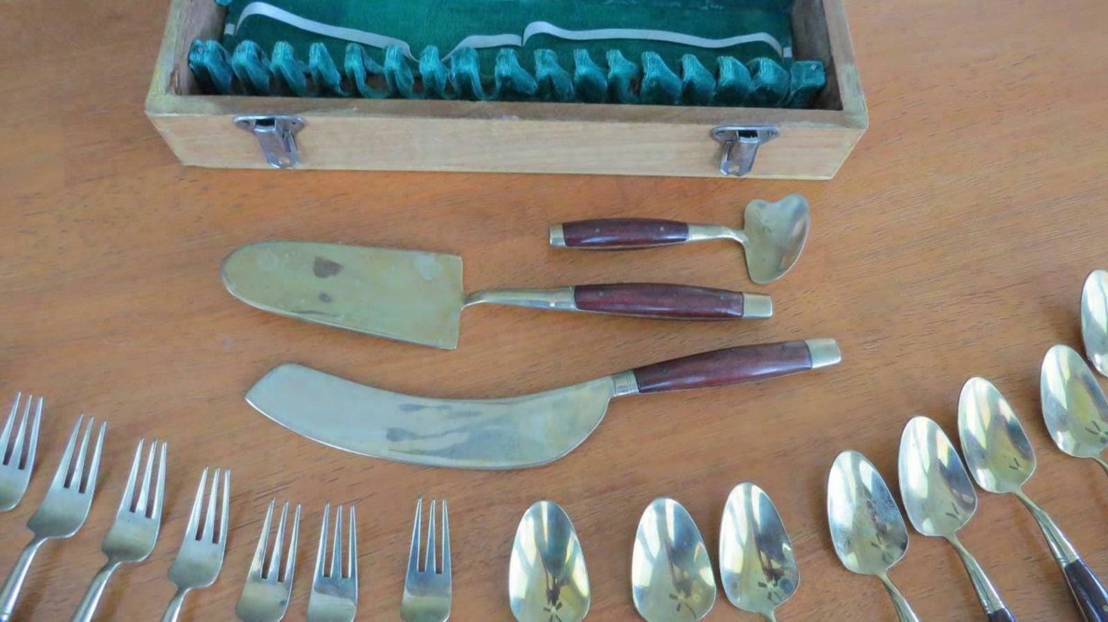 Vintage Thailand Siam Gold Bronze Rosewood Dessert Serving Set of 19 with Chest