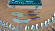 Vintage Thailand Siam Gold Bronze Rosewood Dessert Serving Set of 19 with Chest