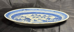Antique Chinese Canton Blue & White Porcelain Small Oval Dish 9x11” Circa 19th C