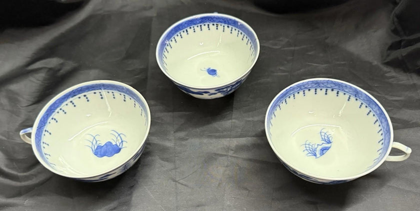 Antique Set 3 Chinese Export Blue & White Canton Pattern Porcelain Tea Cups Rare