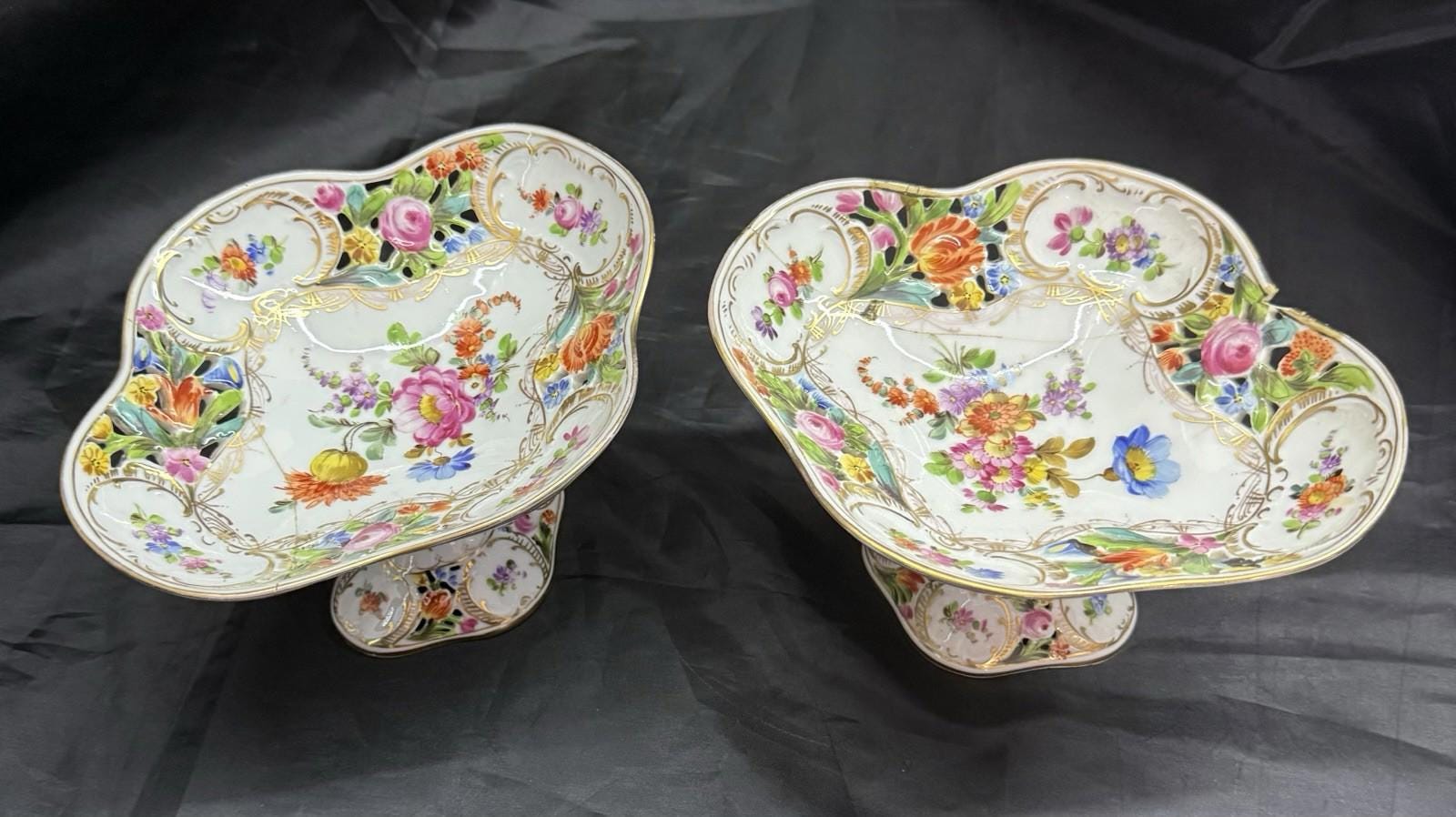 Antique Set 2 Carl Thieme Dresden Porcelain Reticulated Compotes Repaired RARE!