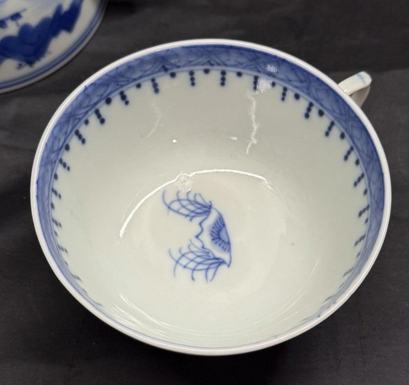 Antique Set 3 Chinese Export Blue & White Canton Pattern Porcelain Tea Cups Rare