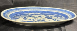 Antique Chinese Canton Blue & White Porcelain Small Oval Dish 9x11” Circa 19th C