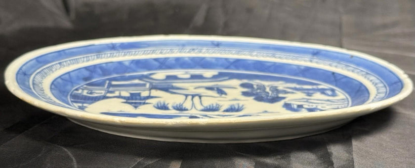 Antique Chinese Canton Blue & White Porcelain Small Oval Dish 9x11” Circa 19th C