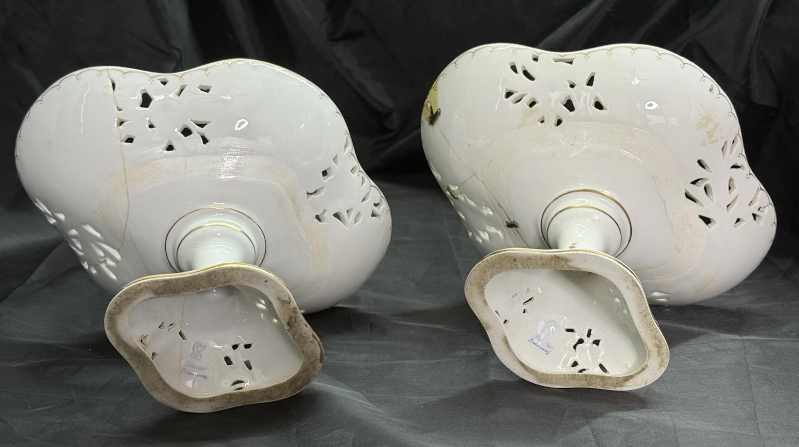 Antique Set 2 Carl Thieme Dresden Porcelain Reticulated Compotes Repaired RARE!