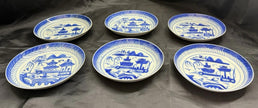 Antique Set Of 6 Chinese Export Canton Blue and White Plates 6” High Rim RARE!